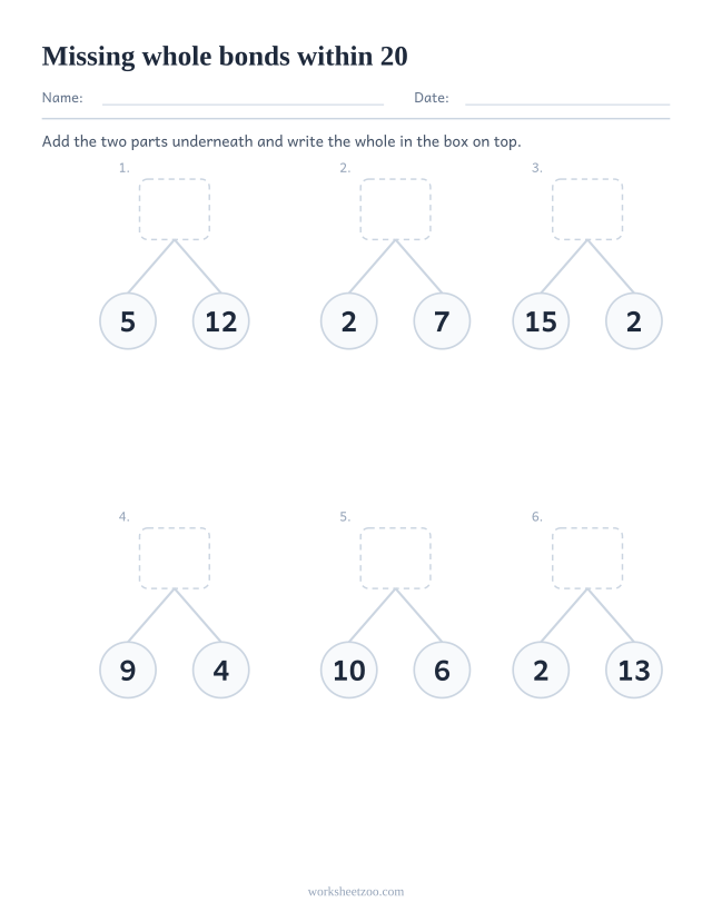 Number bonds worksheet with the whole missing, six bond trees with wholes between 8 and 20 to complete