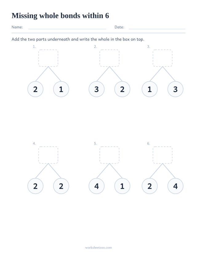 Number bonds worksheet with the whole missing, six bond trees with wholes between 3 and 6 to complete