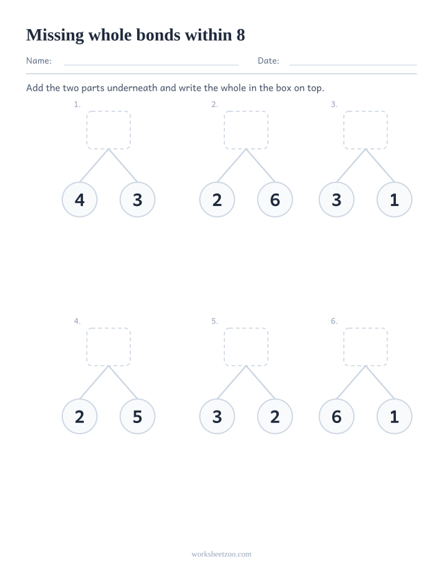 Number bonds worksheet with the whole missing, six bond trees with wholes between 4 and 8 to complete