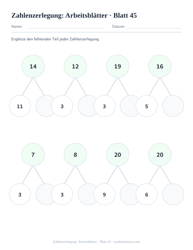 Vorschau: Zahlenzerlegung: Arbeitsblätter, druckbares Arbeitsblatt 45