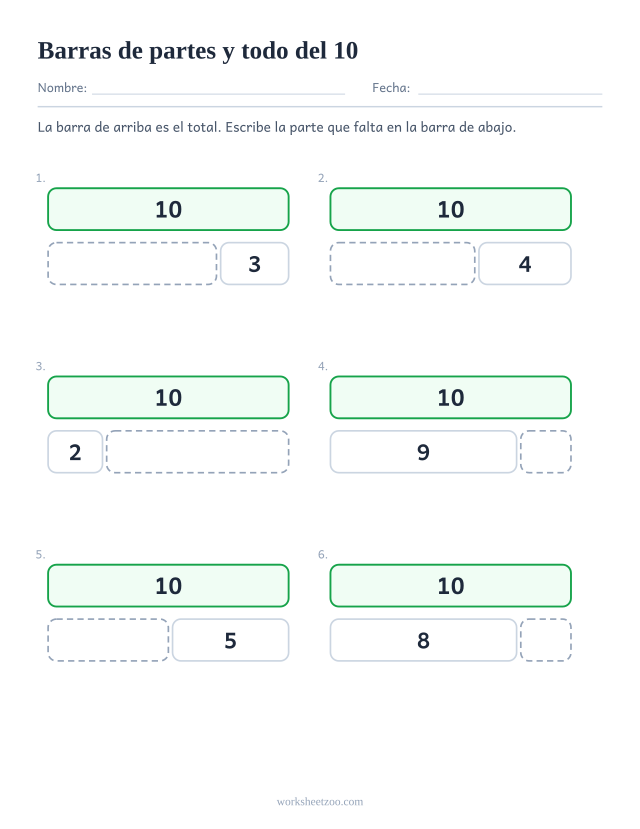 Ficha de barras de partes y todo del 10, seis barras partidas en dos con una parte que falta