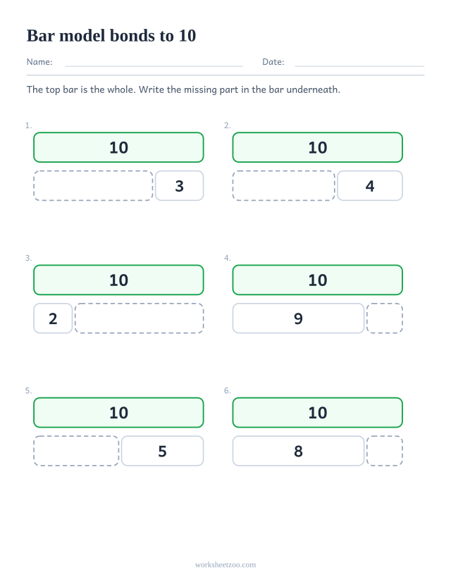 Part part whole bar model worksheet for 10, six bars split in two with one part missing