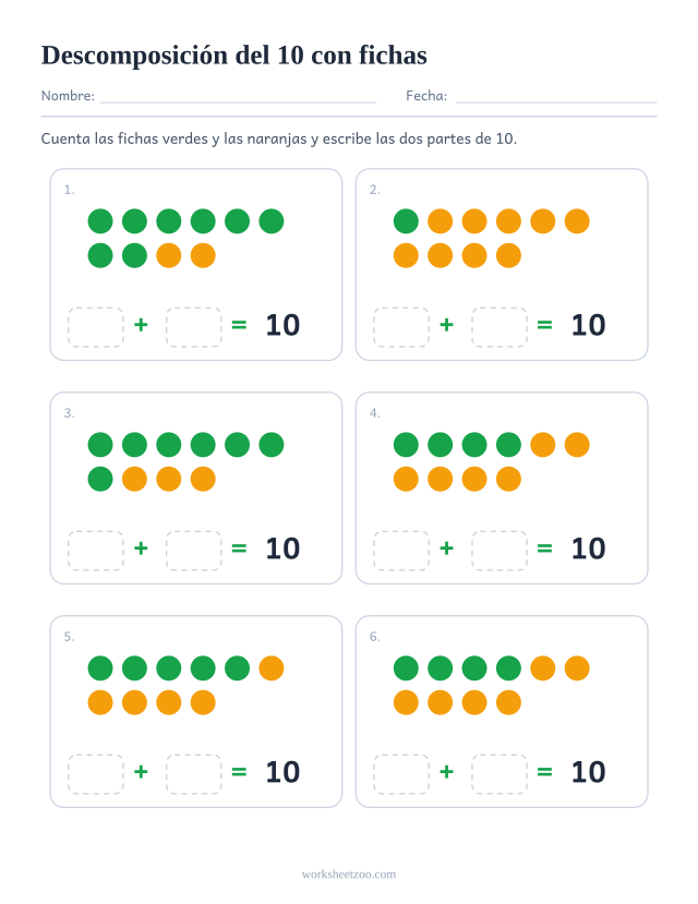 Ficha de descomposición del 10 con fichas de dos colores, seis grupos para separar en partes y escribirlas