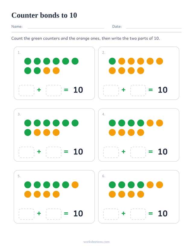 Number bonds to 10 worksheet with two coloured counters, six groups to split into parts and write down
