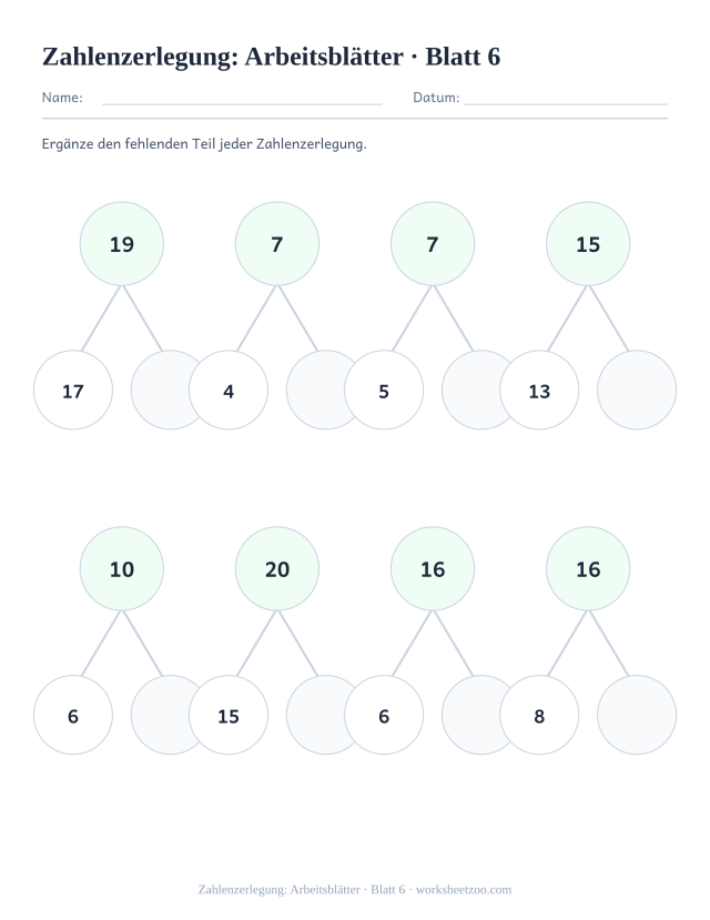 Vorschau: Zahlenzerlegung: Arbeitsblätter, druckbares Arbeitsblatt 6