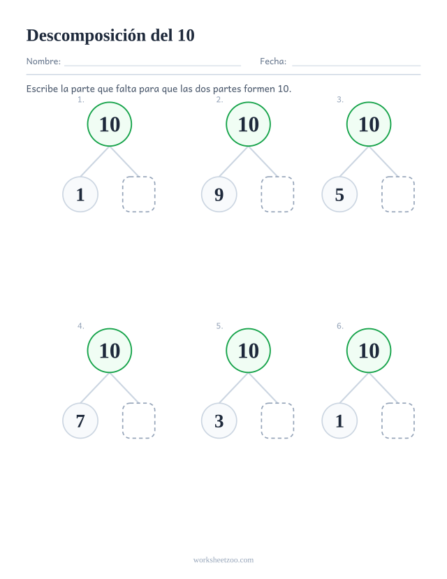 Ficha de descomposición del 10, seis árboles de partes y todo con la segunda parte en blanco