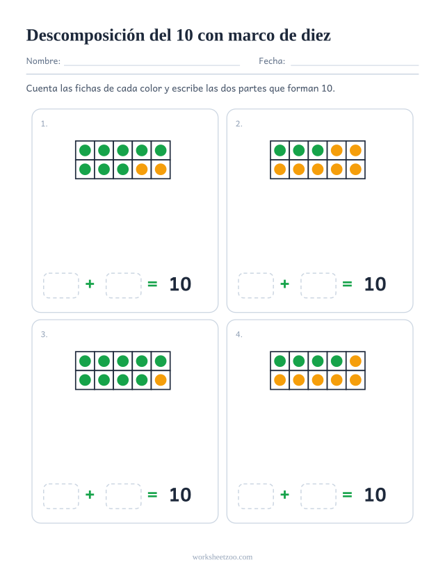 Ficha de descomposición del 10 con marcos de diez, cuatro marcos de fichas de dos colores y las dos partes