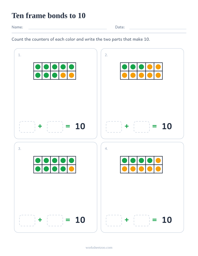 Ten frame number bonds worksheet for 10, four frames of two coloured counters with both parts to write