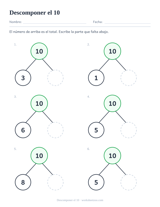 Ficha para descomponer el 10 con círculos de parte y total y una parte en blanco