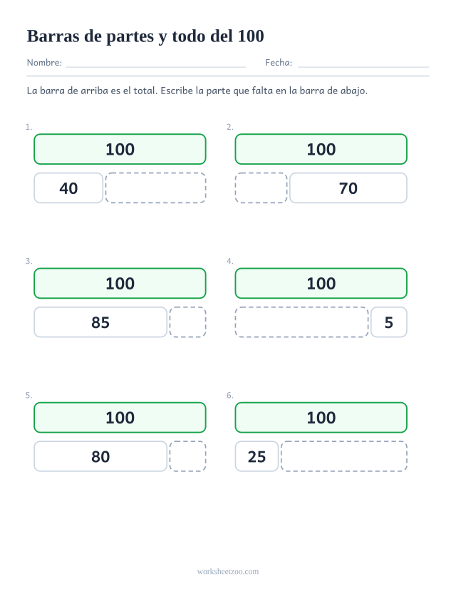 Ficha de barras de partes y todo del 100, seis barras partidas en dos con una parte que falta