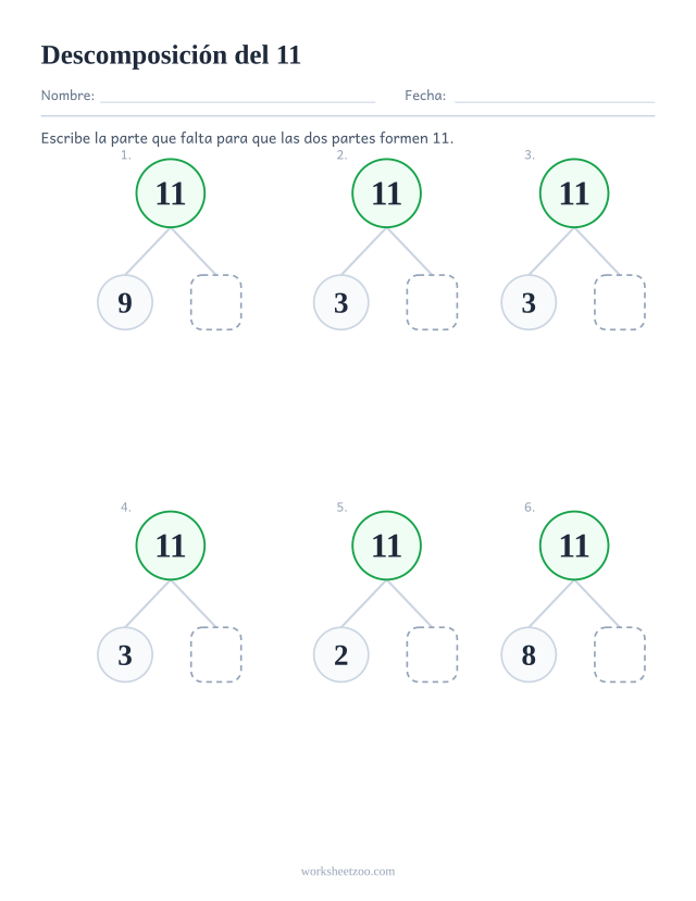 Ficha de descomposición del 11, seis árboles de partes y todo con la segunda parte en blanco