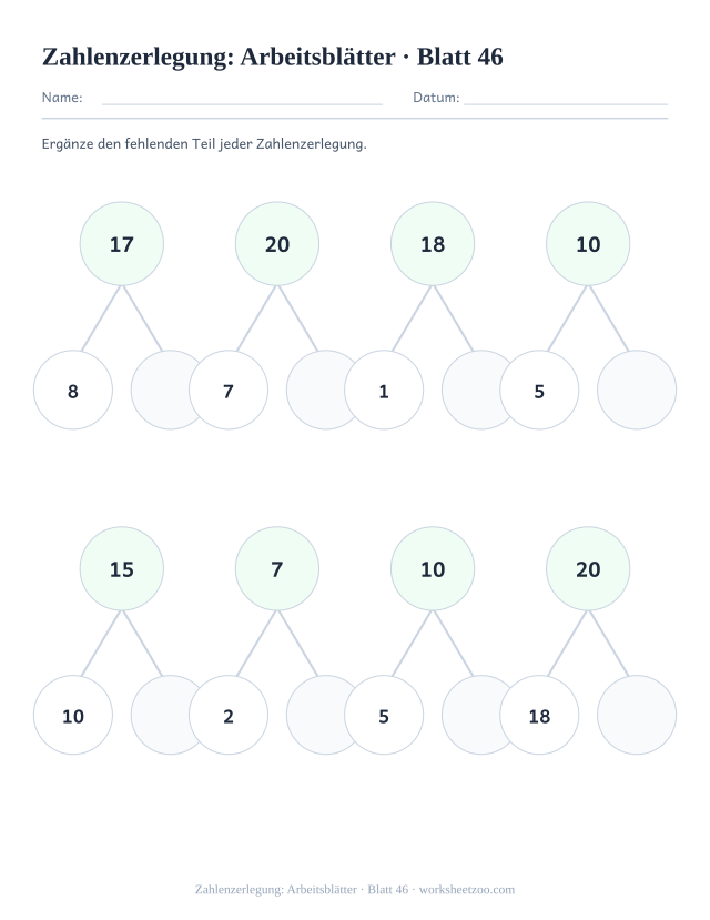 Vorschau: Zahlenzerlegung: Arbeitsblätter, druckbares Arbeitsblatt 46