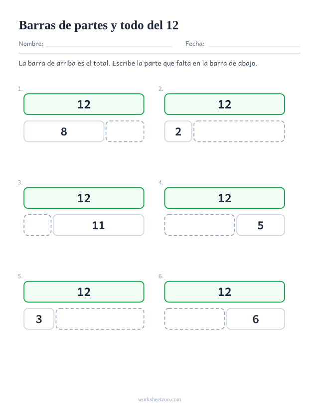 Ficha de barras de partes y todo del 12, seis barras partidas en dos con una parte que falta