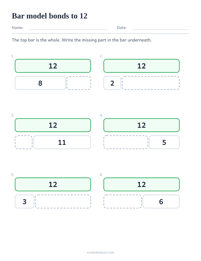 Part part whole bar model worksheet for 12, six bars split in two with one part missing