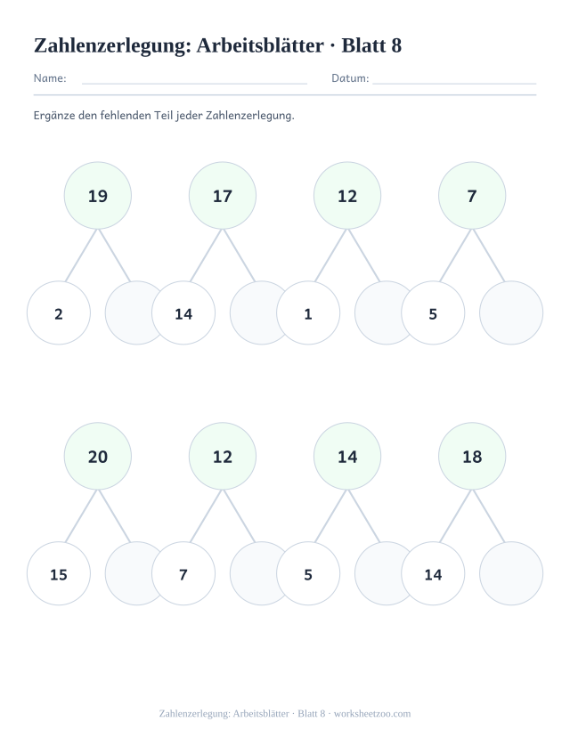 Vorschau: Zahlenzerlegung: Arbeitsblätter, druckbares Arbeitsblatt 8