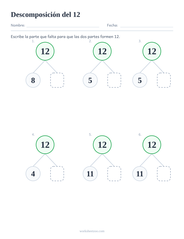 Ficha de descomposición del 12, seis árboles de partes y todo con la segunda parte en blanco