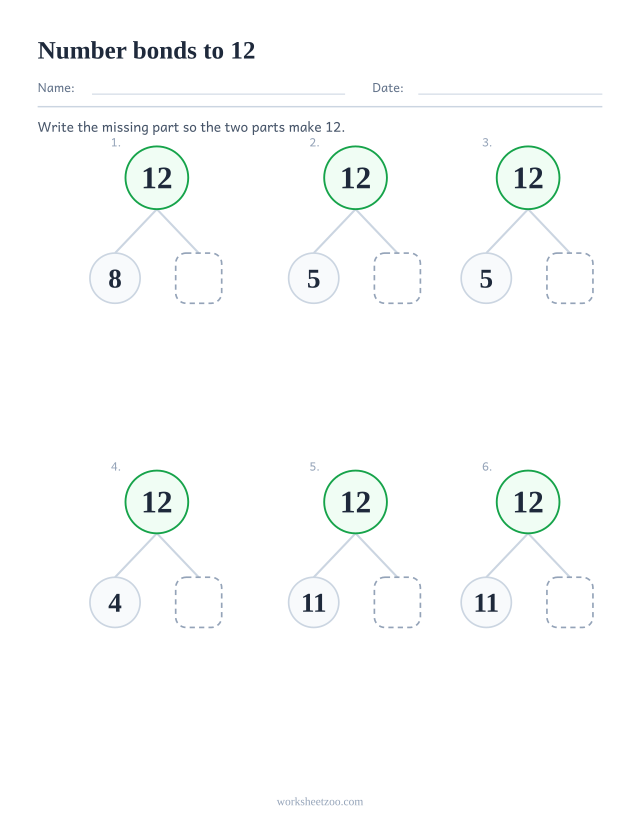 Number bonds to 12 worksheet, six part part whole bond trees with the second part left blank