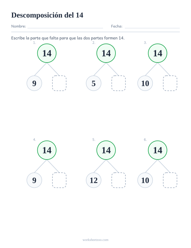 Ficha de descomposición del 14, seis árboles de partes y todo con la segunda parte en blanco