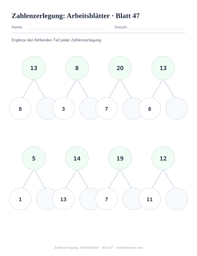 Vorschau: Zahlenzerlegung: Arbeitsblätter, druckbares Arbeitsblatt 47