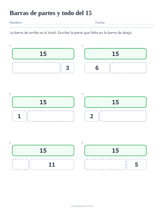 Ficha de barras de partes y todo del 15, seis barras partidas en dos con una parte que falta