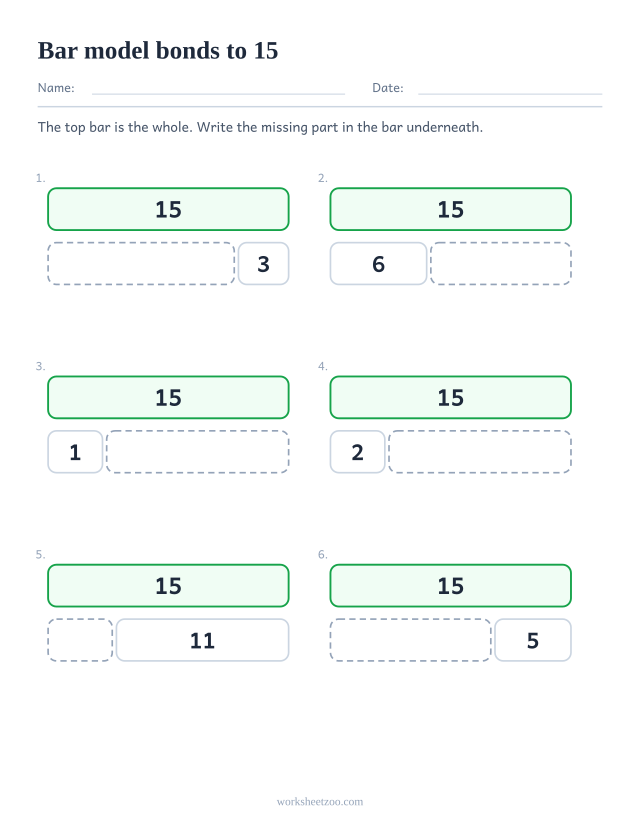 Part part whole bar model worksheet for 15, six bars split in two with one part missing
