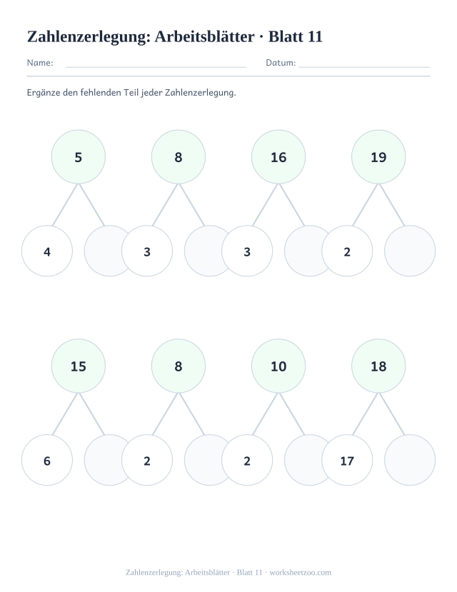 Vorschau: Zahlenzerlegung: Arbeitsblätter, druckbares Arbeitsblatt 11