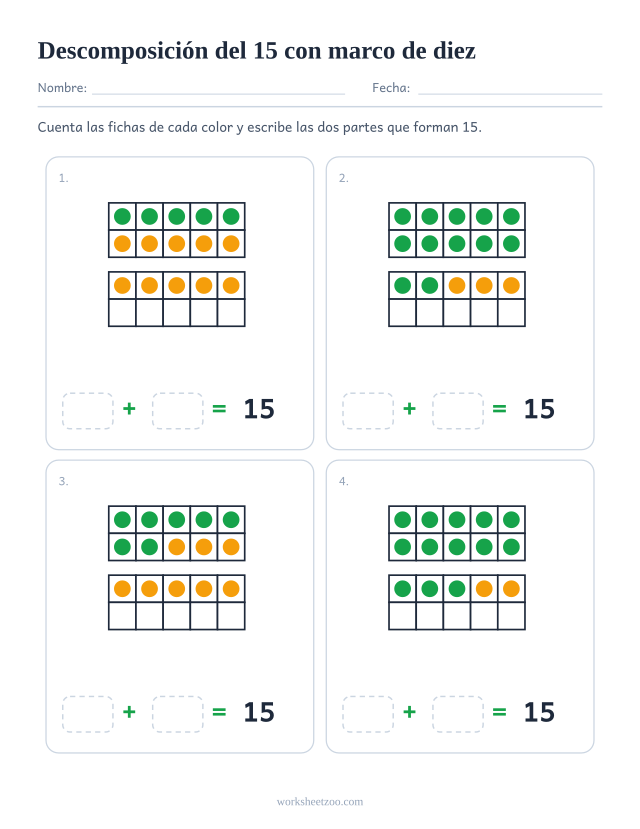 Ficha de descomposición del 15 con marcos de diez, cuatro marcos de fichas de dos colores y las dos partes