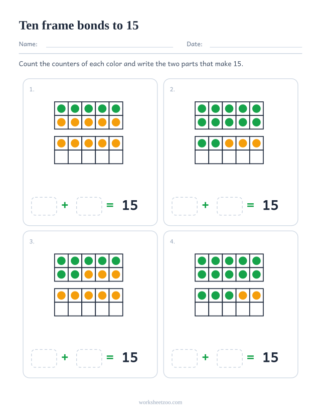 Ten frame number bonds worksheet for 15, four frames of two coloured counters with both parts to write