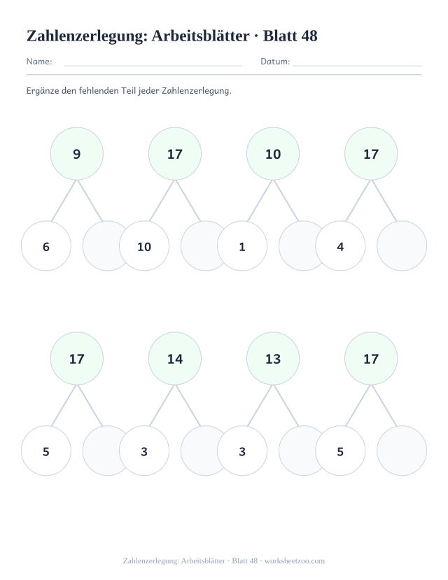 Vorschau: Zahlenzerlegung: Arbeitsblätter, druckbares Arbeitsblatt 48