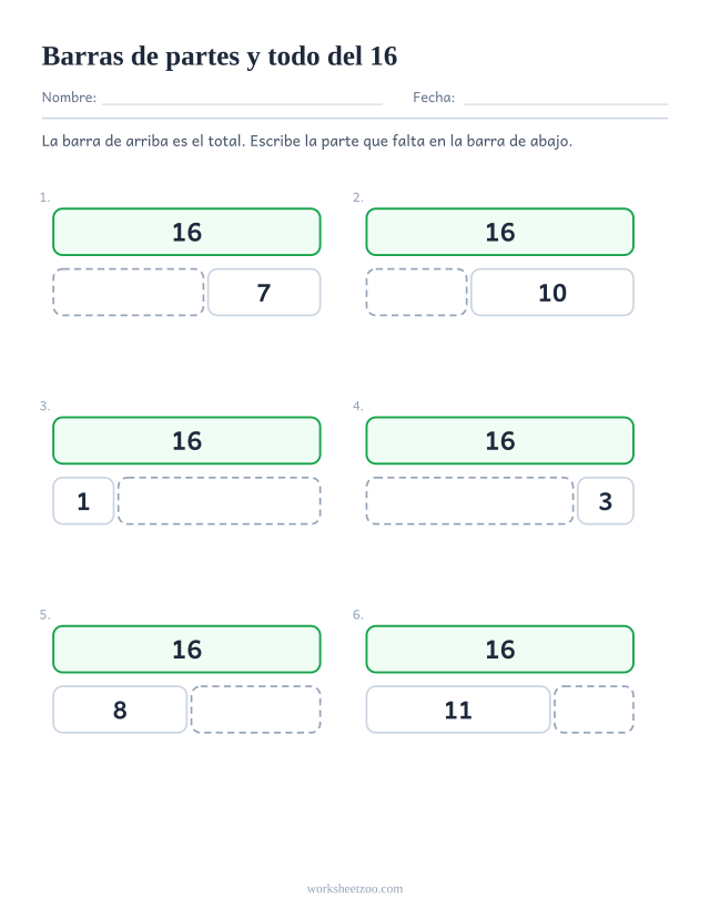 Ficha de barras de partes y todo del 16, seis barras partidas en dos con una parte que falta