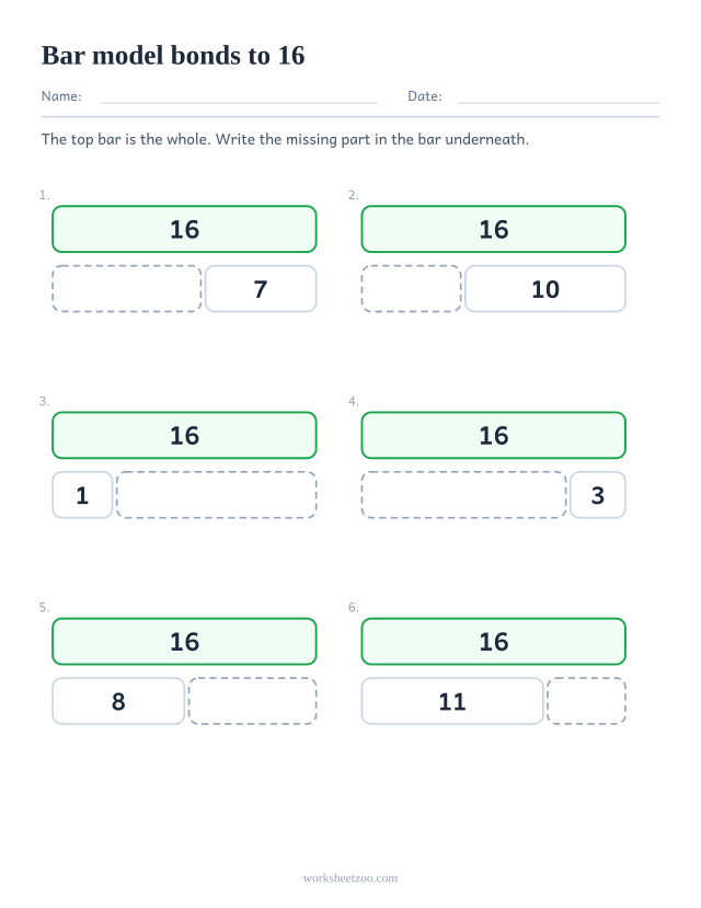 Part part whole bar model worksheet for 16, six bars split in two with one part missing