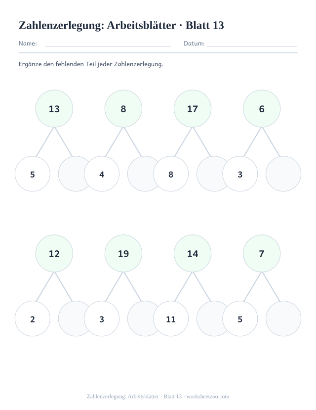 Vorschau: Zahlenzerlegung: Arbeitsblätter, druckbares Arbeitsblatt 13