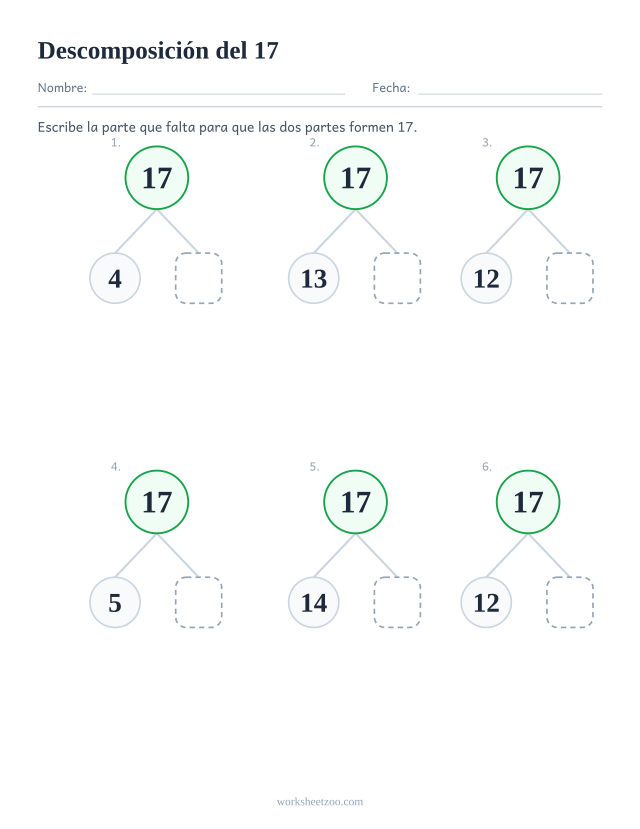 Ficha de descomposición del 17, seis árboles de partes y todo con la segunda parte en blanco