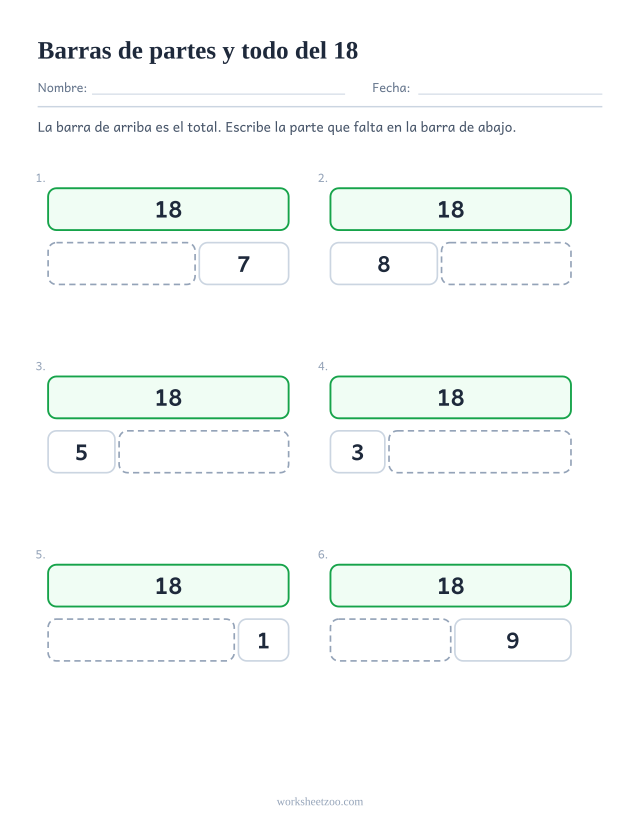Ficha de barras de partes y todo del 18, seis barras partidas en dos con una parte que falta