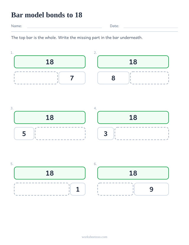 Part part whole bar model worksheet for 18, six bars split in two with one part missing