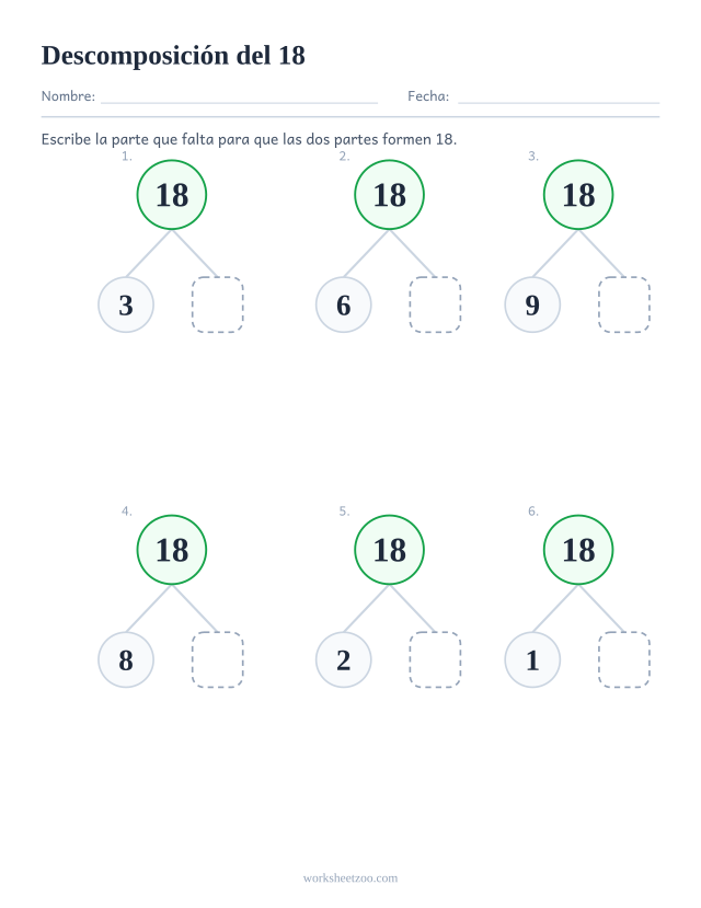 Ficha de descomposición del 18, seis árboles de partes y todo con la segunda parte en blanco