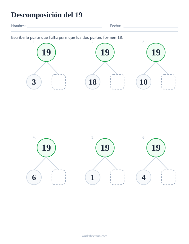 Ficha de descomposición del 19, seis árboles de partes y todo con la segunda parte en blanco