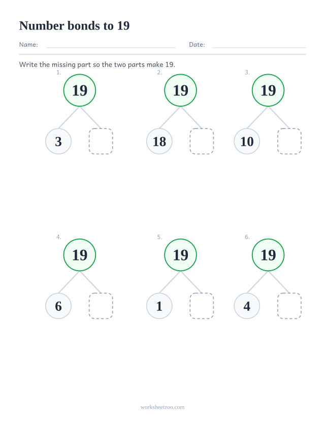 Number bonds to 19 worksheet, six part part whole bond trees with the second part left blank