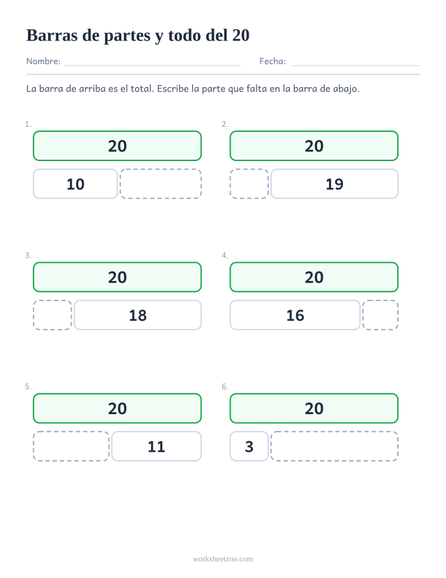 Ficha de barras de partes y todo del 20, seis barras partidas en dos con una parte que falta