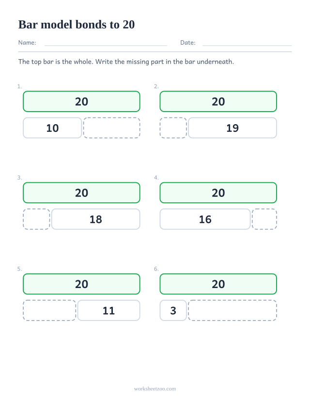 Part part whole bar model worksheet for 20, six bars split in two with one part missing