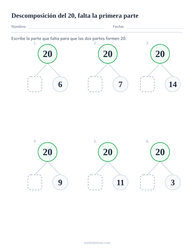 Ficha de descomposición del 20 con la primera parte en blanco, seis árboles con la parte conocida a la derecha