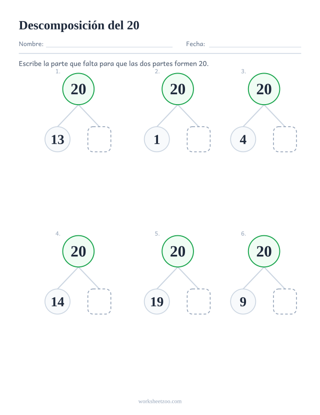 Ficha de descomposición del 20, seis árboles de partes y todo con la segunda parte en blanco
