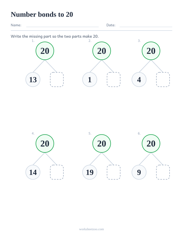 Number bonds to 20 worksheet, six part part whole bond trees with the second part left blank