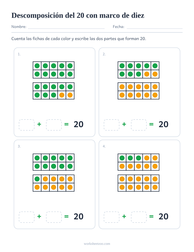 Ficha de descomposición del 20 con marcos de diez, cuatro marcos de fichas de dos colores y las dos partes