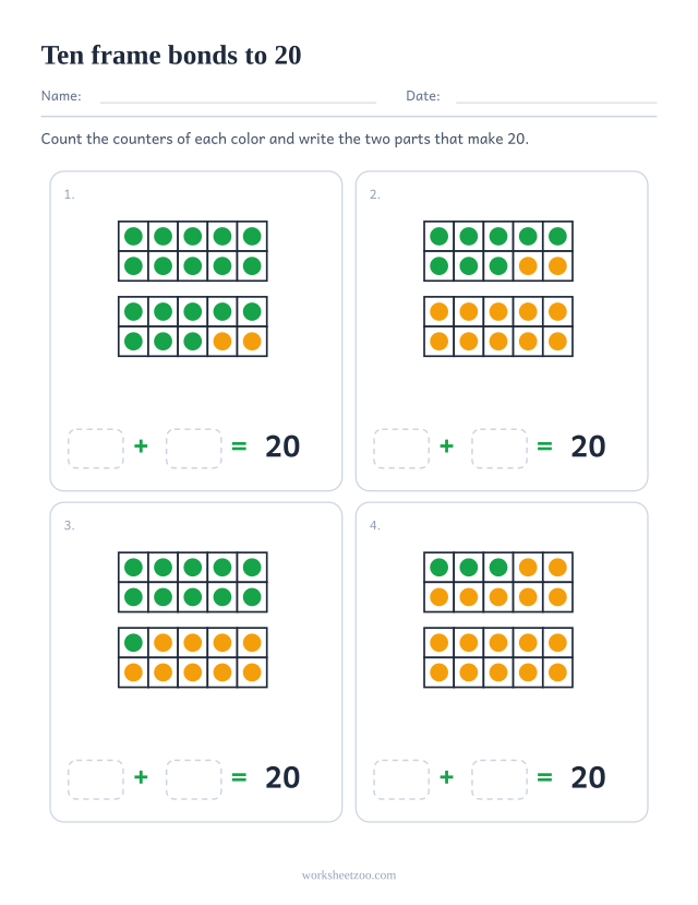 Ten frame number bonds worksheet for 20, four frames of two coloured counters with both parts to write