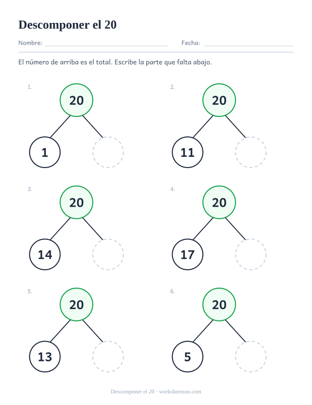 Ficha para descomponer el 20, el total arriba y la parte que falta abajo