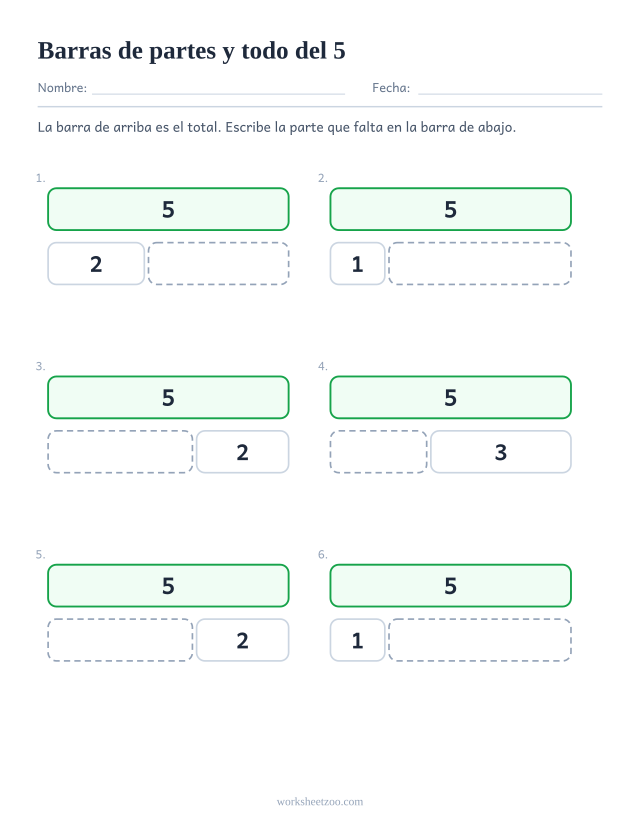 Ficha de barras de partes y todo del 5, seis barras partidas en dos con una parte que falta