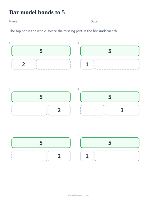 Part part whole bar model worksheet for 5, six bars split in two with one part missing