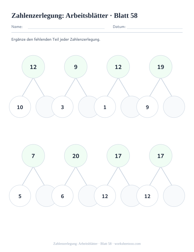 Vorschau: Zahlenzerlegung: Arbeitsblätter, druckbares Arbeitsblatt 58