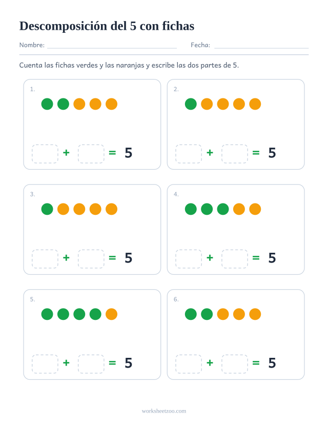 Ficha de descomposición del 5 con fichas de dos colores, seis grupos para separar en partes y escribirlas